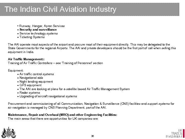 The Indian Civil Aviation Industry • Runway, Hangar, Apron Services · Security and surveillance