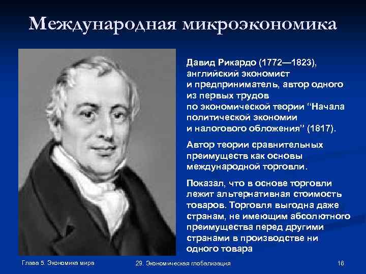 Международная микроэкономика Давид Рикардо (1772— 1823), английский экономист и предприниматель, автор одного из первых