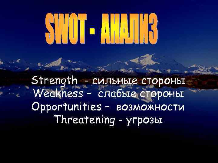 Strength - сильные стороны Weakness – слабые стороны Opportunities – возможности Threatening - угрозы