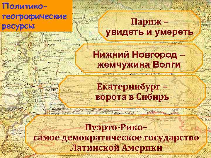 Политикогеографические ресурсы Париж – увидеть и умереть Нижний Новгород – жемчужина Волги Екатеринбург –