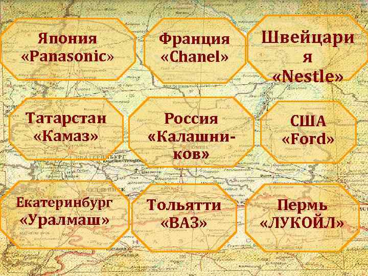 Япония «Panasonic» Франция «Chanel» Швейцари я «Nestle» Татарстан «Камаз» Россия «Калашников» США «Ford» Екатеринбург