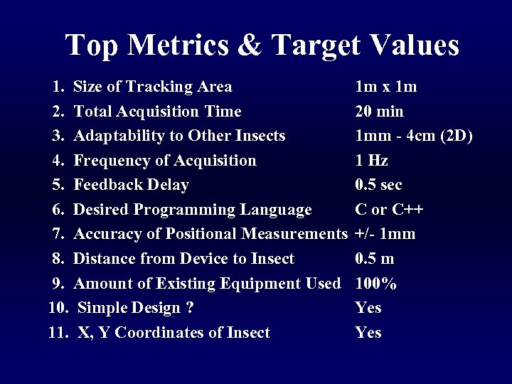 Top Metrics & Target Values 1. Size of Tracking Area 2. Total Acquisition Time