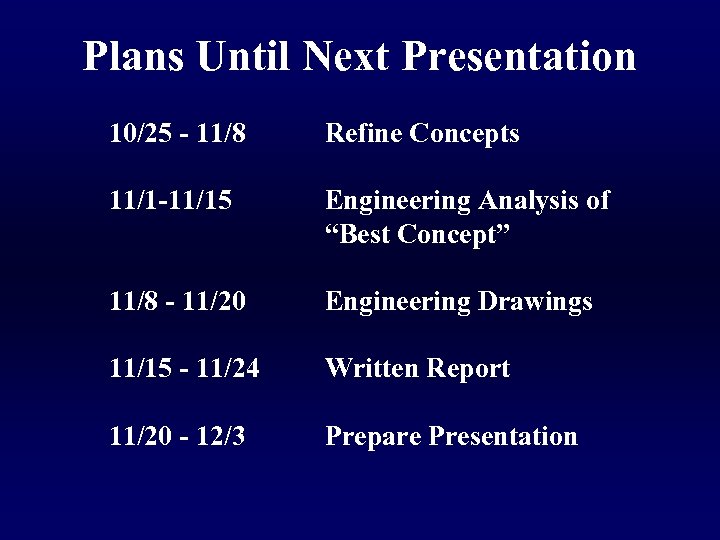 Plans Until Next Presentation 10/25 - 11/8 Refine Concepts 11/1 -11/15 Engineering Analysis of
