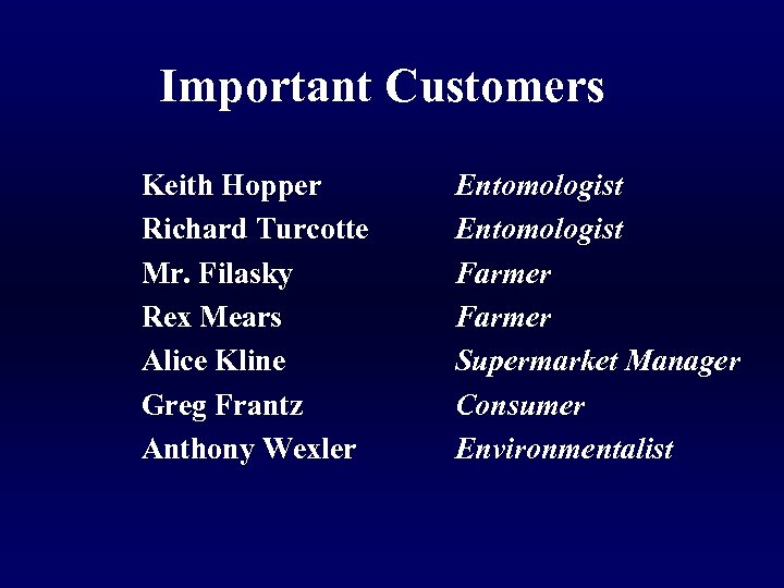 Important Customers Keith Hopper Richard Turcotte Mr. Filasky Rex Mears Alice Kline Greg Frantz