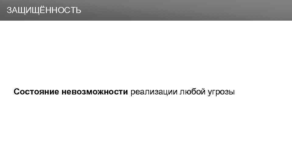 Заголовок ЗАЩИЩЁННОСТЬ Состояние невозможности реализации любой угрозы 