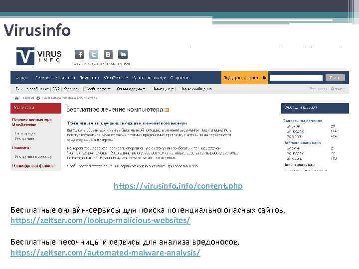 Virusinfo https: //virusinfo/content. php Бесплатные онлайн-сервисы для поиска потенциально опасных сайтов, https: //zeltser. com/lookup-malicious-websites/