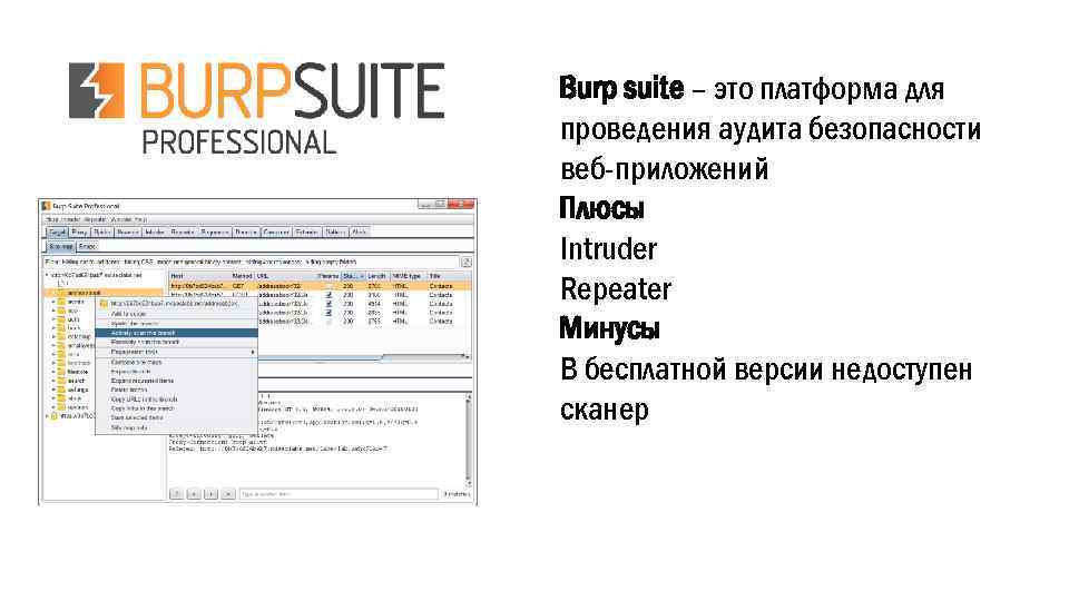 Burp suite – это платформа для проведения аудита безопасности веб-приложений Плюсы Intruder Repeater Минусы