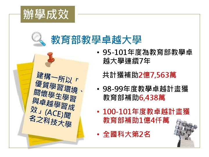 辦學成效 教育部教學卓越大學 • 95 -101年度為教育部教學卓 越大學連續7年 建構一 所以「 優質學 習環境 、 關懷學 生學習 與卓越