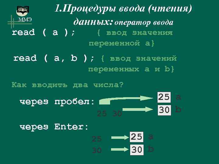 ММЭ 1. Процедуры ввода (чтения) данных: оператор ввода read ( a ); { ввод