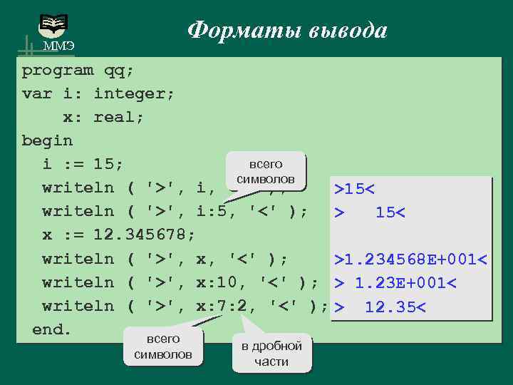 ММЭ Форматы вывода program qq; var i: integer; x: real; begin всего i :