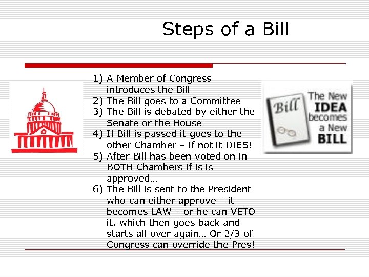 Steps of a Bill 1) A Member of Congress introduces the Bill 2) The