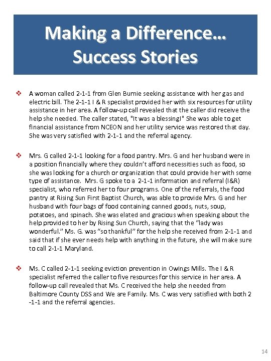 Making a Difference… Success Stories v A woman called 2 -1 -1 from Glen
