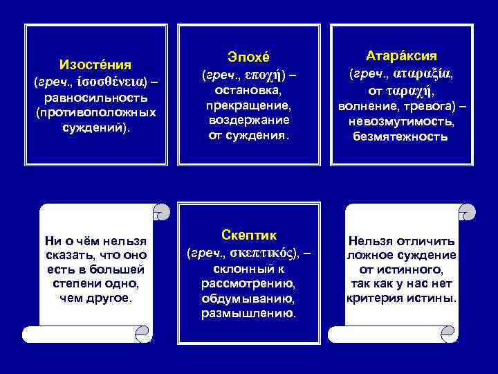 Изостéния (греч. , ίσοσθένεια) – равносильность (противоположных суждений). Ни о чём нельзя сказать, что