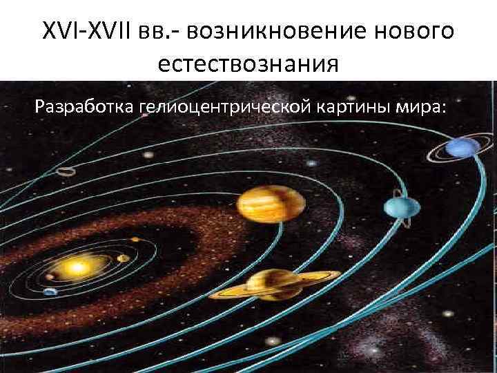 XVI-XVII вв. - возникновение нового естествознания Разработка гелиоцентрической картины мира: 