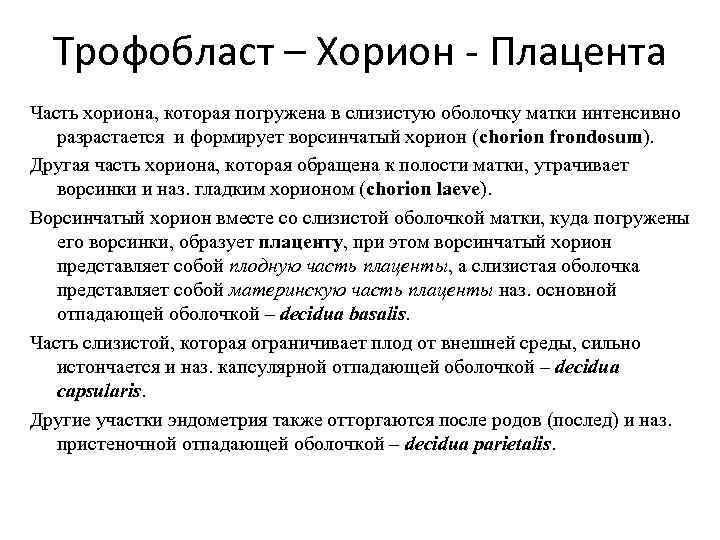 Трофобласт – Хорион - Плацента Часть хориона, которая погружена в слизистую оболочку матки интенсивно