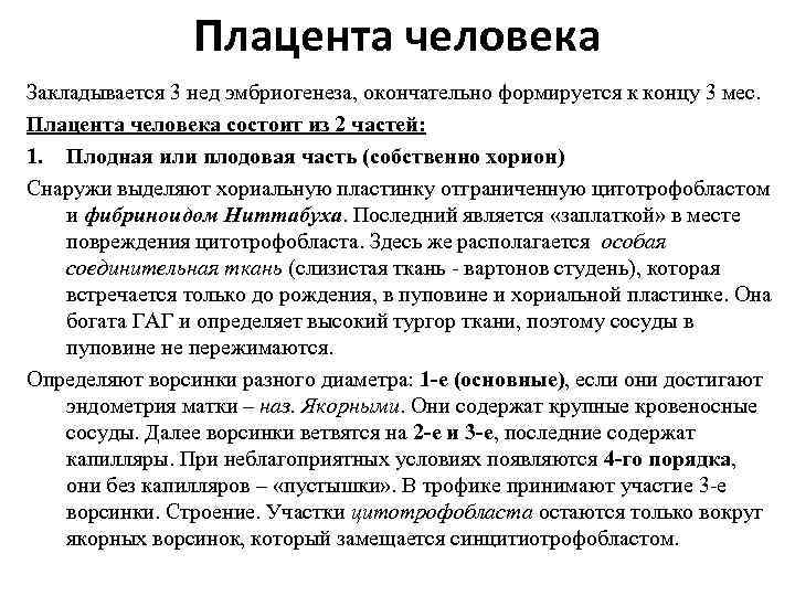 Плацента человека Закладывается 3 нед эмбриогенеза, окончательно формируется к концу 3 мес. Плацента человека