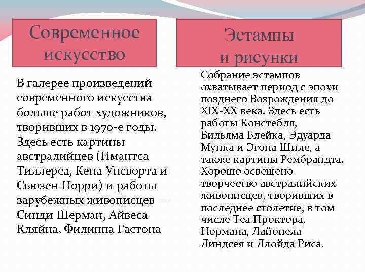 Современное искусство В галерее произведений современного искусства больше работ художников, творивших в 1970 -е