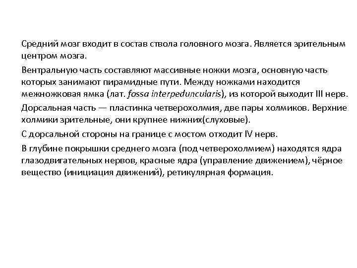 Средний мозг входит в состав ствола головного мозга. Является зрительным центром мозга. Вентральную часть