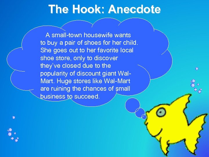The Hook: Anecdote – A small-town housewife wants to buy a pair of shoes
