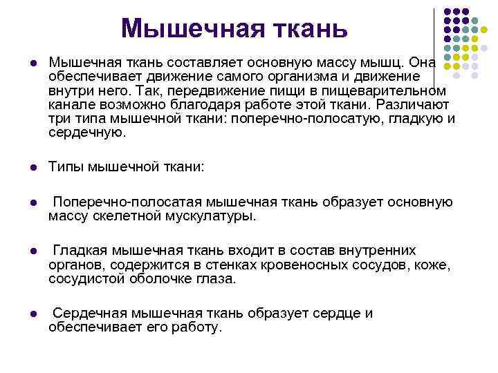 Мышечная ткань l Мышечная ткань составляет основную массу мышц. Она обеспечивает движение самого организма