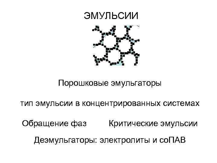 ЭМУЛЬСИИ Порошковые эмульгаторы тип эмульсии в концентрированных системах Обращение фаз Критические эмульсии Деэмульгаторы: электролиты