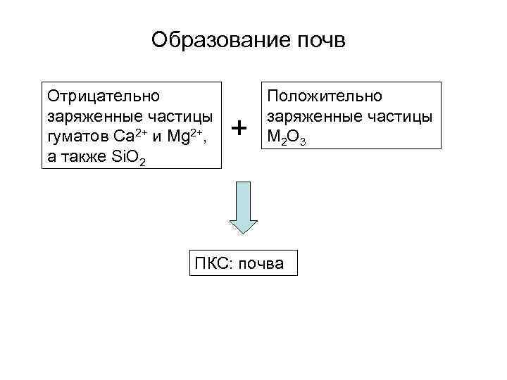 Образование почв Отрицательно заряженные частицы гуматов Ca 2+ и Mg 2+, а также Si.
