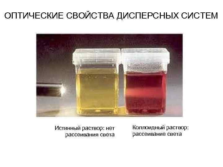 ОПТИЧЕСКИЕ СВОЙСТВА ДИСПЕРСНЫХ СИСТЕМ Истинный раствор: нет рассеивания света Коллоидный раствор: рассеивание света 