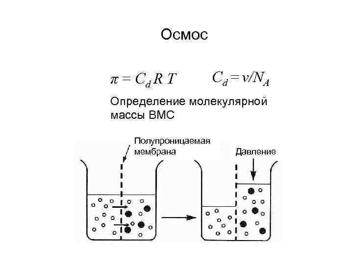 Осмос π = Cd R T Cd = ν/NA Определение молекулярной массы ВМС Полупроницаемая