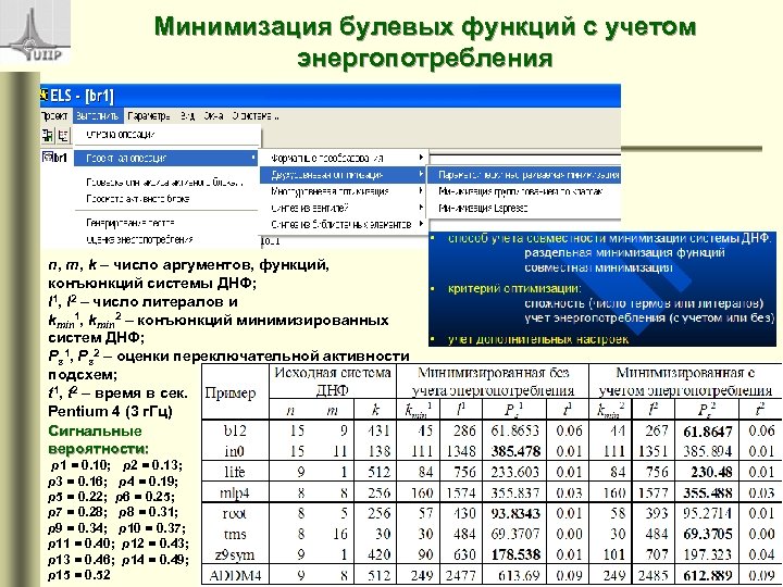 Минимизация булевых функций с учетом энергопотребления n, m, k – число аргументов, функций, конъюнкций