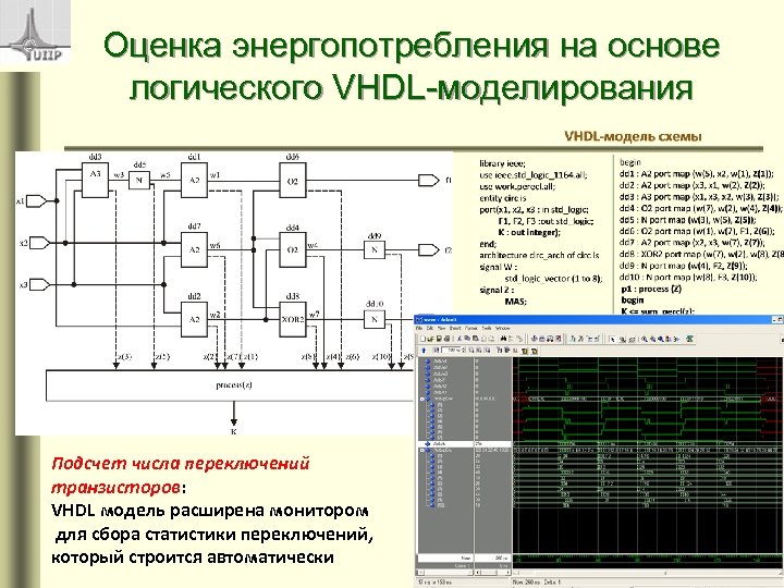 Оценка энергопотребления на основе логического VHDL-моделирования Подсчет числа переключений транзисторов: VHDL модель расширена монитором