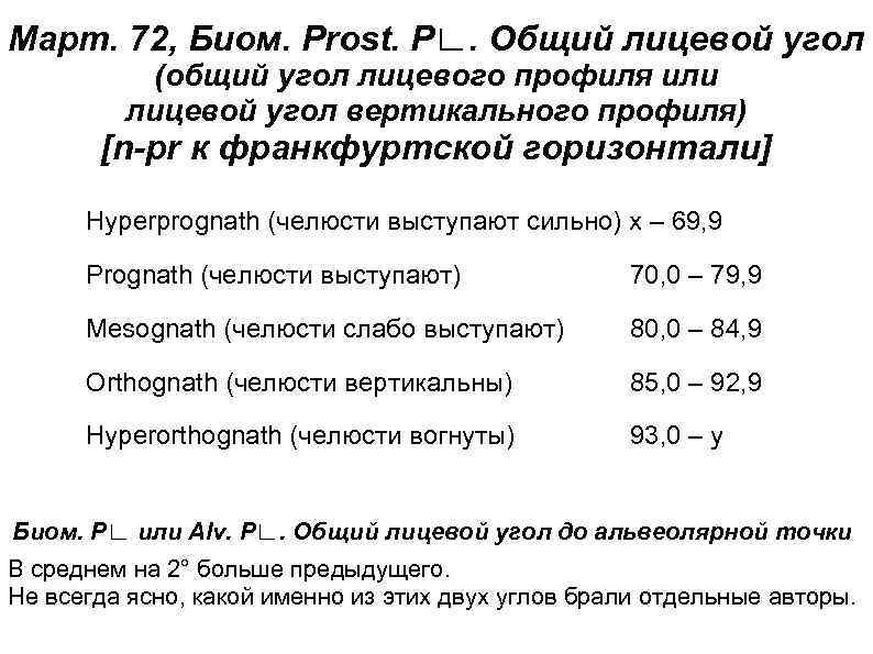 Март. 72, Биом. Prost. Р∟. Общий лицевой угол (общий угол лицевого профиля или лицевой