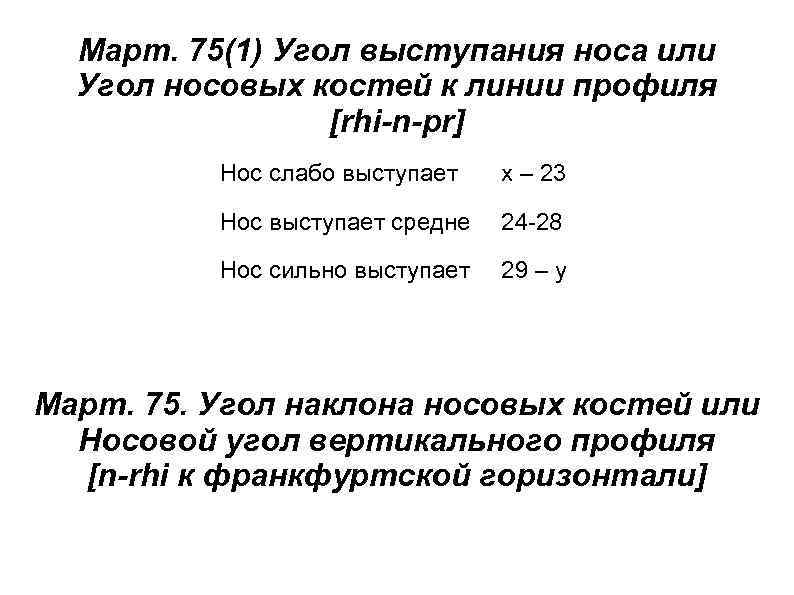 Март. 75(1) Угол выступания носа или Угол носовых костей к линии профиля [rhi-n-pr] Нос