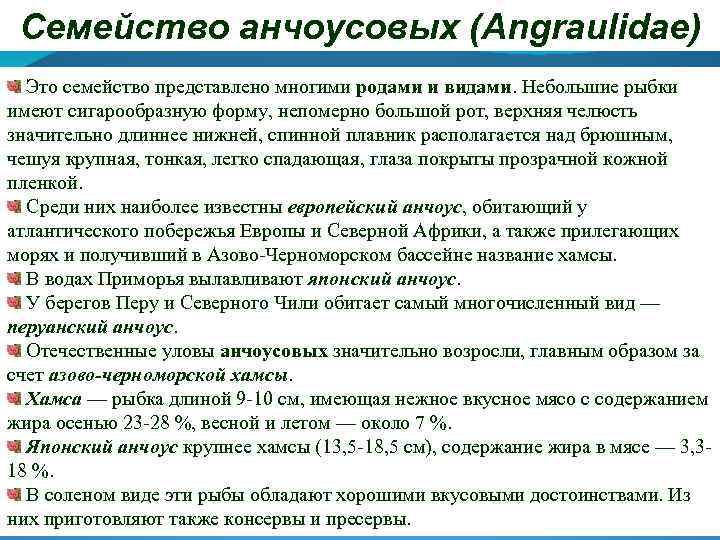 Семейство анчоусовых (Angraulidae) Это семейство представлено многими родами и видами. Небольшие рыбки имеют сигарообразную