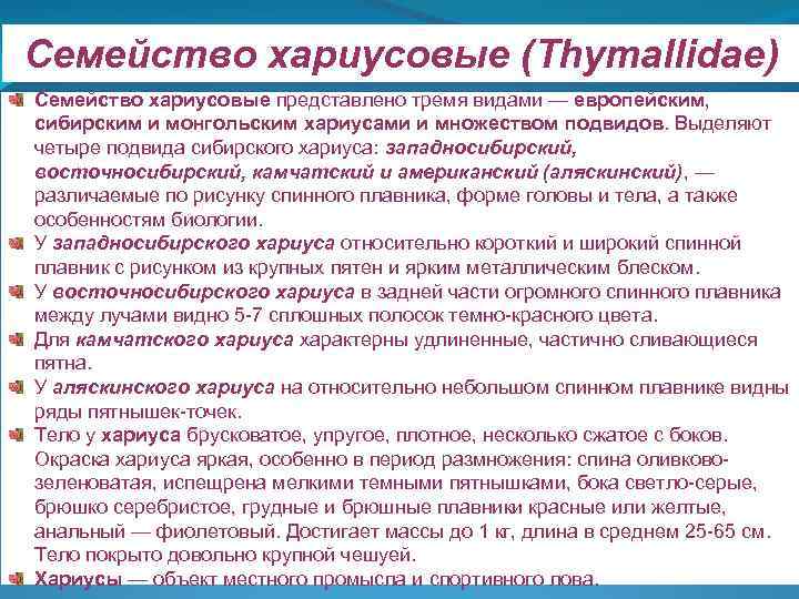 Семейство хариусовые (Thymallidae) Семейство хариусовые представлено тремя видами — европейским, сибирским и монгольским хариусами