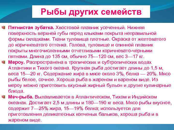 Рыбы других семейств Пятнистая зубатка. Хвостовой плавник усеченный. Нижняя поверхность верхней губы перед клыками