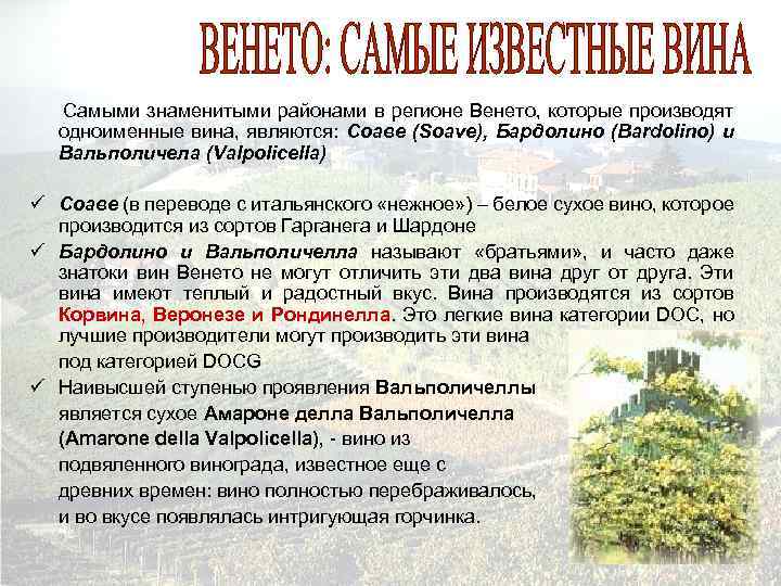  Самыми знаменитыми районами в регионе Венето, которые производят одноименные вина, являются: Соаве (Soave),