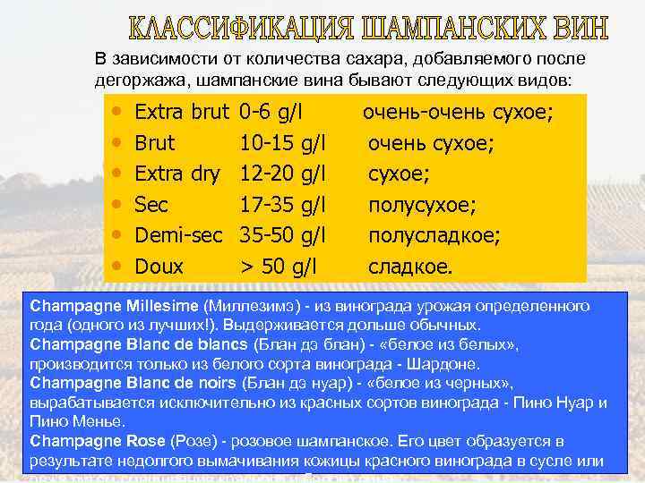В зависимости от количества сахара, добавляемого после дегоржажа, шампанские вина бывают следующих видов: •