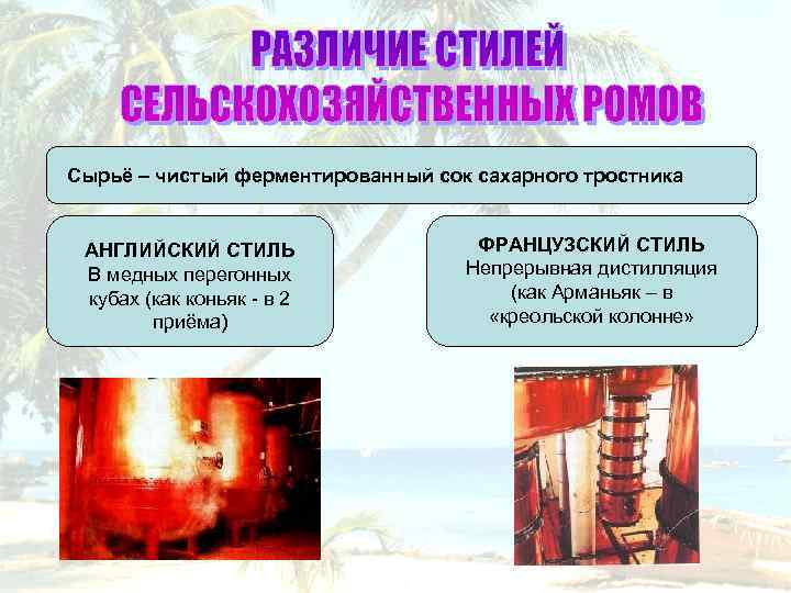 Сырьё – чистый ферментированный сок сахарного тростника АНГЛИЙСКИЙ СТИЛЬ В медных перегонных кубах (как