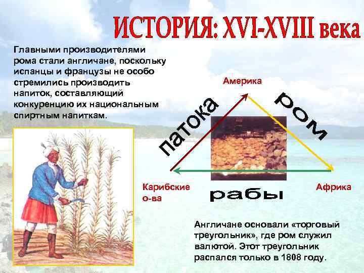 Главными производителями рома стали англичане, поскольку испанцы и французы не особо стремились производить напиток,