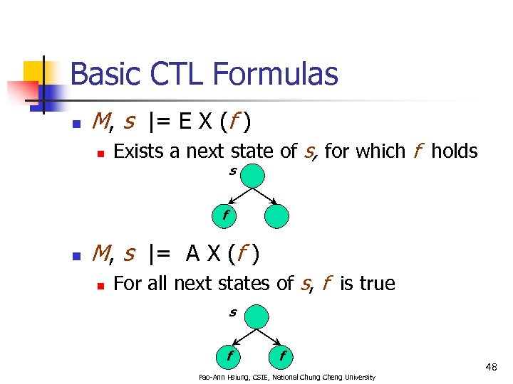 Basic CTL Formulas n M, s |= E X (f ) n Exists a