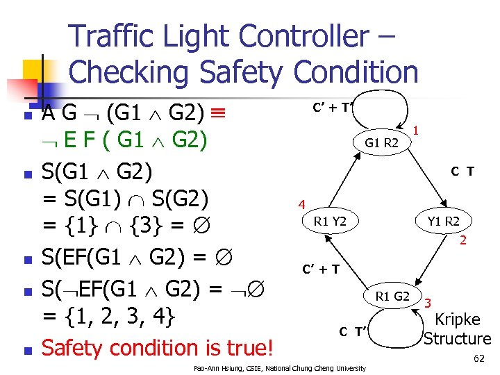 Traffic Light Controller – Checking Safety Condition n n A G (G 1 G