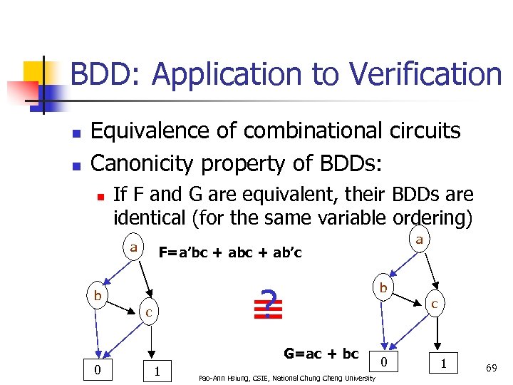 BDD: Application to Verification n n Equivalence of combinational circuits Canonicity property of BDDs: