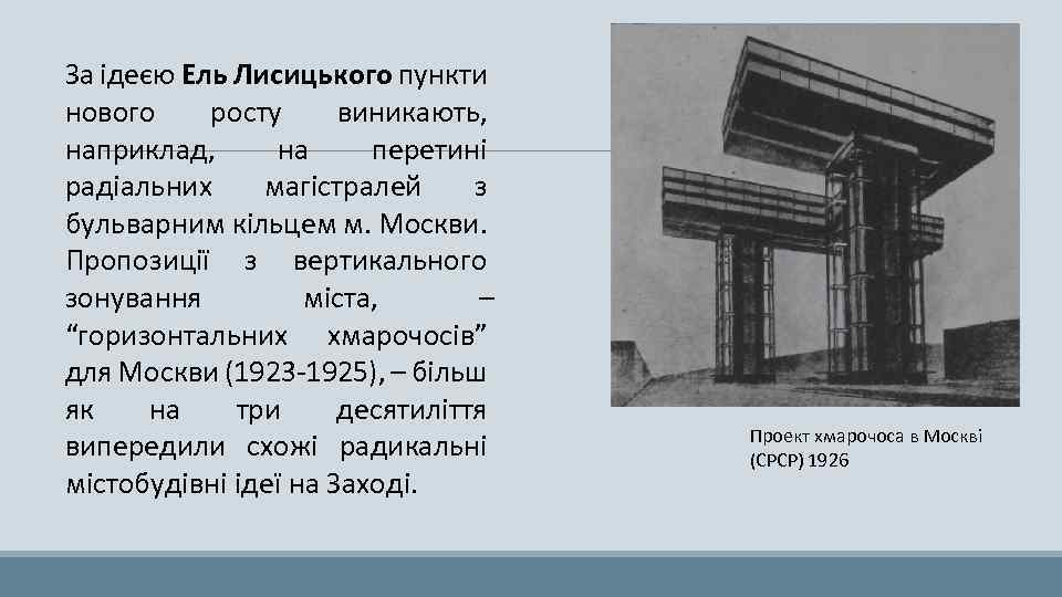 За ідеєю Ель Лисицького пункти нового росту виникають, наприклад, на перетині радіальних магістралей з