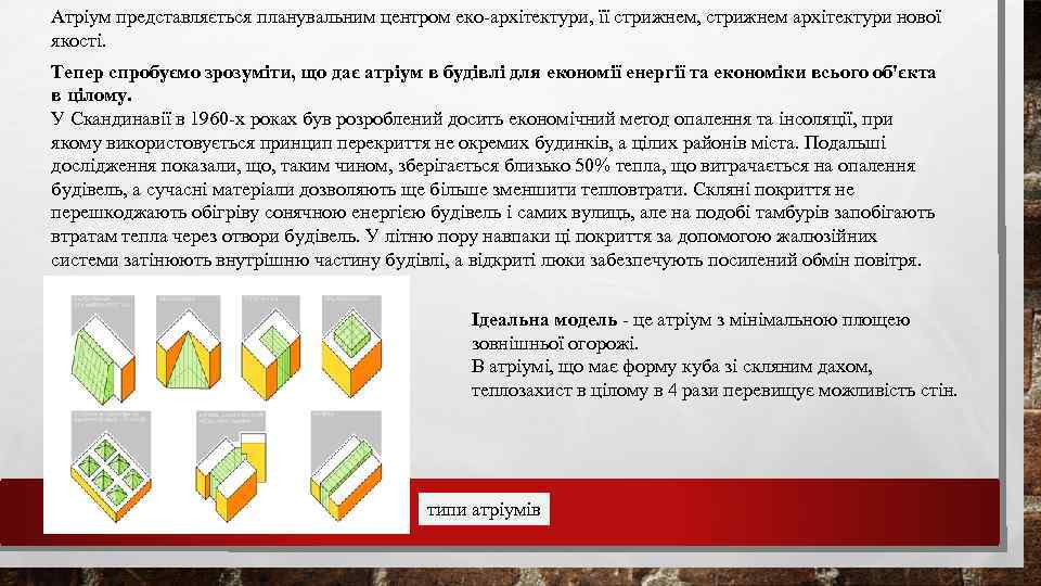 Атріум представляється планувальним центром еко-архітектури, її стрижнем, стрижнем архітектури нової якості. Тепер спробуємо зрозуміти,