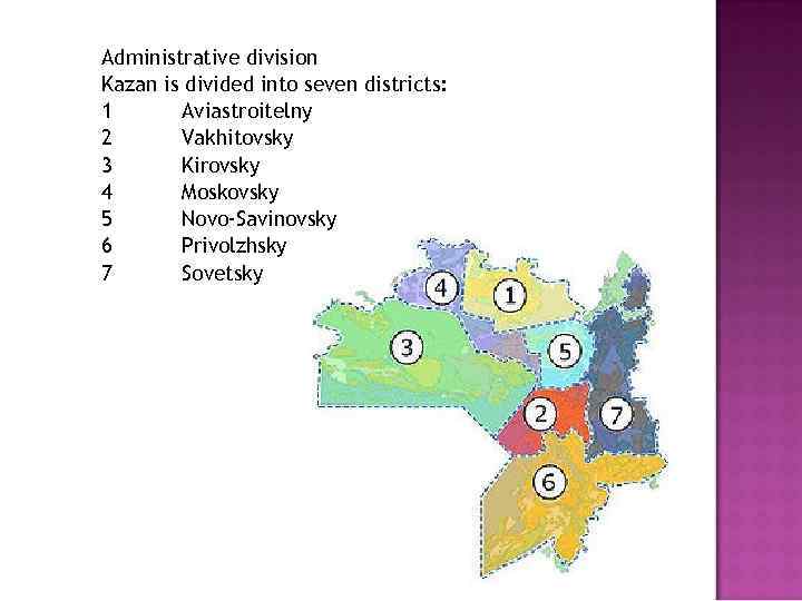 Administrative division Kazan is divided into seven districts: 1 Aviastroitelny 2 Vakhitovsky 3 Kirovsky