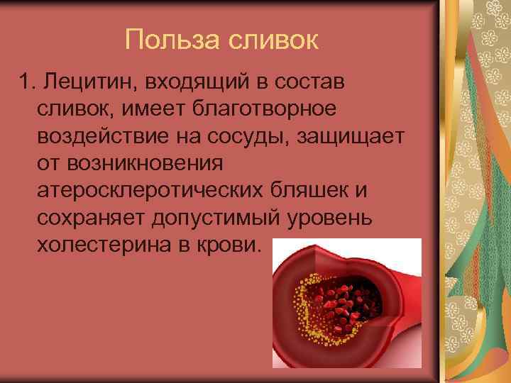 Польза сливок 1. Лецитин, входящий в состав сливок, имеет благотворное воздействие на сосуды, защищает