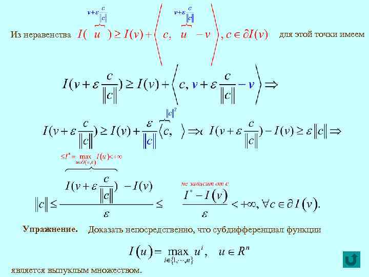для этой точки имеем Из неравенства Упражнение. Доказать непосредственно, что субдифференциал функции является выпуклым