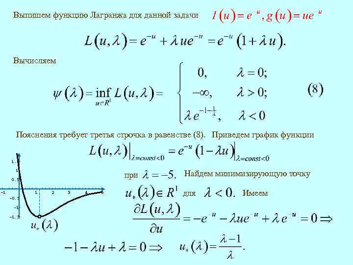 Выпишем функцию Лагранжа для данной задачи Вычисляем Пояснения требует третья строчка в равенстве (8).