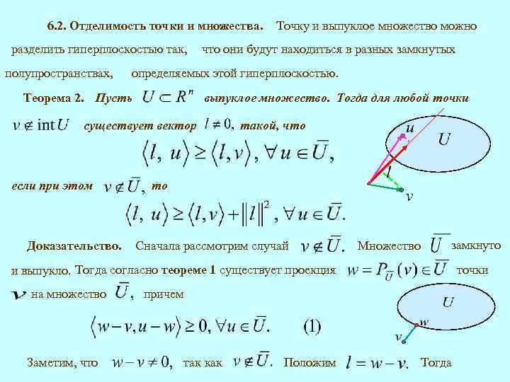 6. 2. Отделимость точки и множества. разделить гиперплоскостью так, полупространствах, что они будут находиться