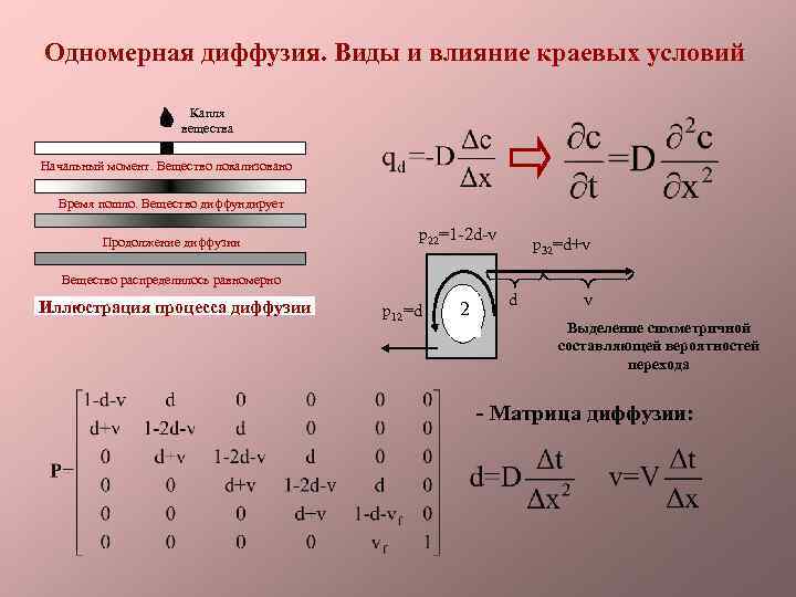 Одномерная диффузия. Виды и влияние краевых условий Капля вещества Начальный момент. Вещество локализовано Время